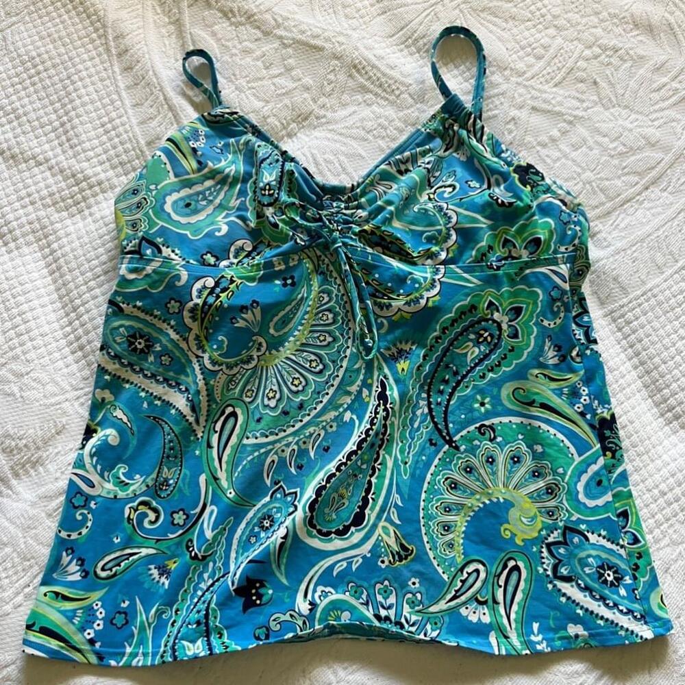 Lands End Tankini Top Swim 16 L Ruched Sides Blue Paisley Adjustable Straps